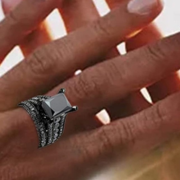 Women’s Princess Cut Lab Created Black Sapphire Set Ring and Band  various NWT - Picture 3 of 5